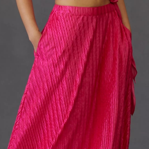 Anthropologie Maeve Pleated Shine Midi Skirt Fushia Hot Pink Barbiecore Girlypop - Picture 2 of 15